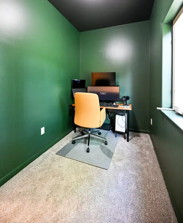 Ann Arbor, MI home office addition with deep green walls and a desk by the window